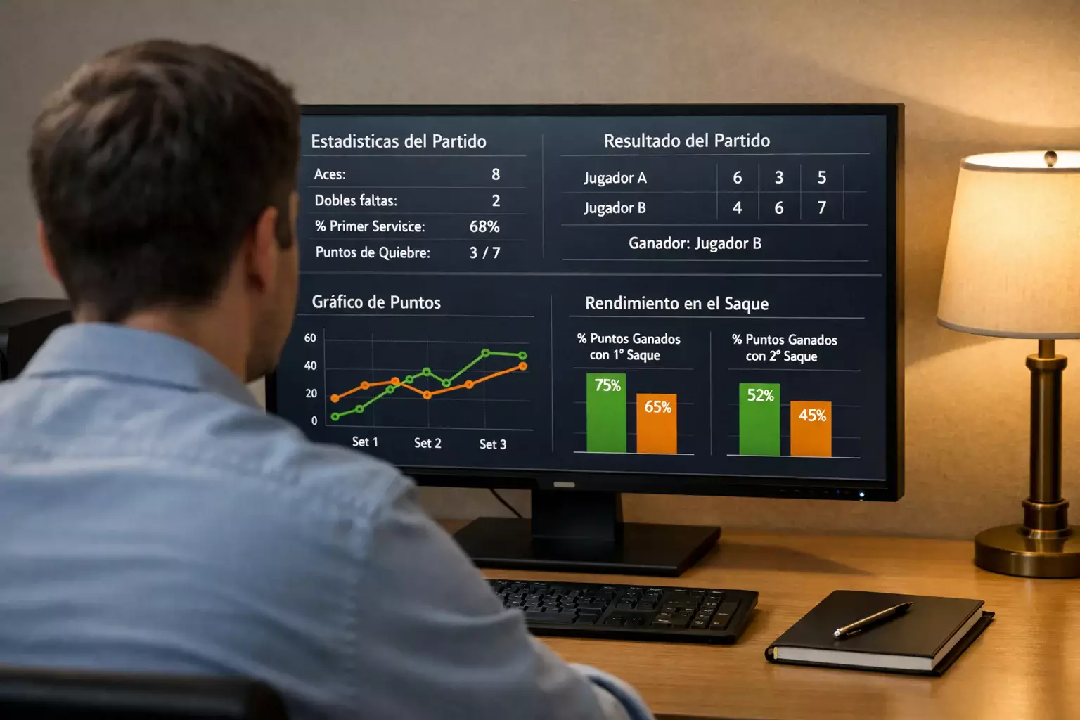 Persona analizando datos de partidos de tenis en ordenador portátil