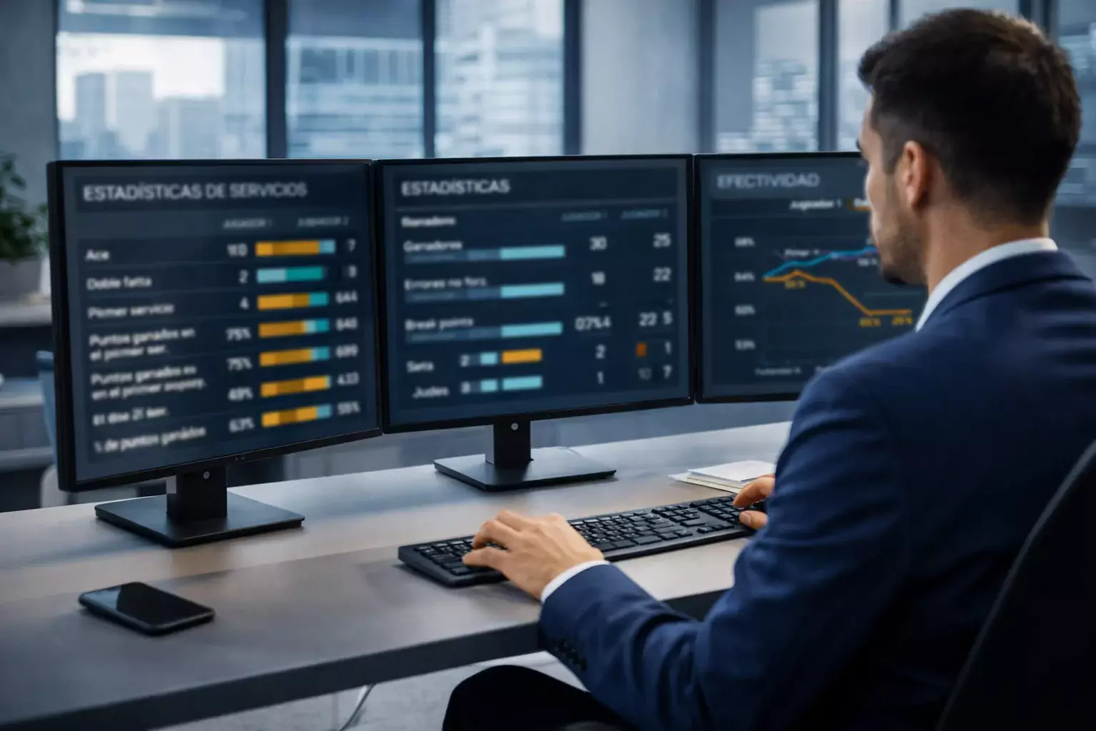 Analista deportivo trabajando con múltiples pantallas de estadísticas