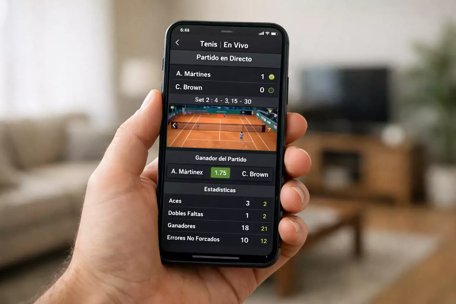 Smartphone mostrando aplicación de apuestas deportivas en directo