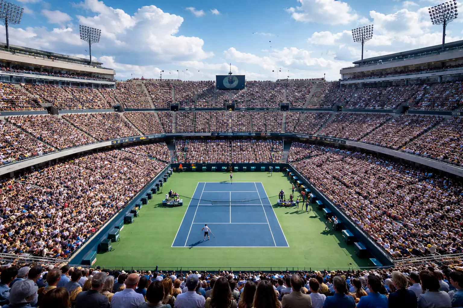 Vista panorámica de estadio de tenis durante torneo profesional
