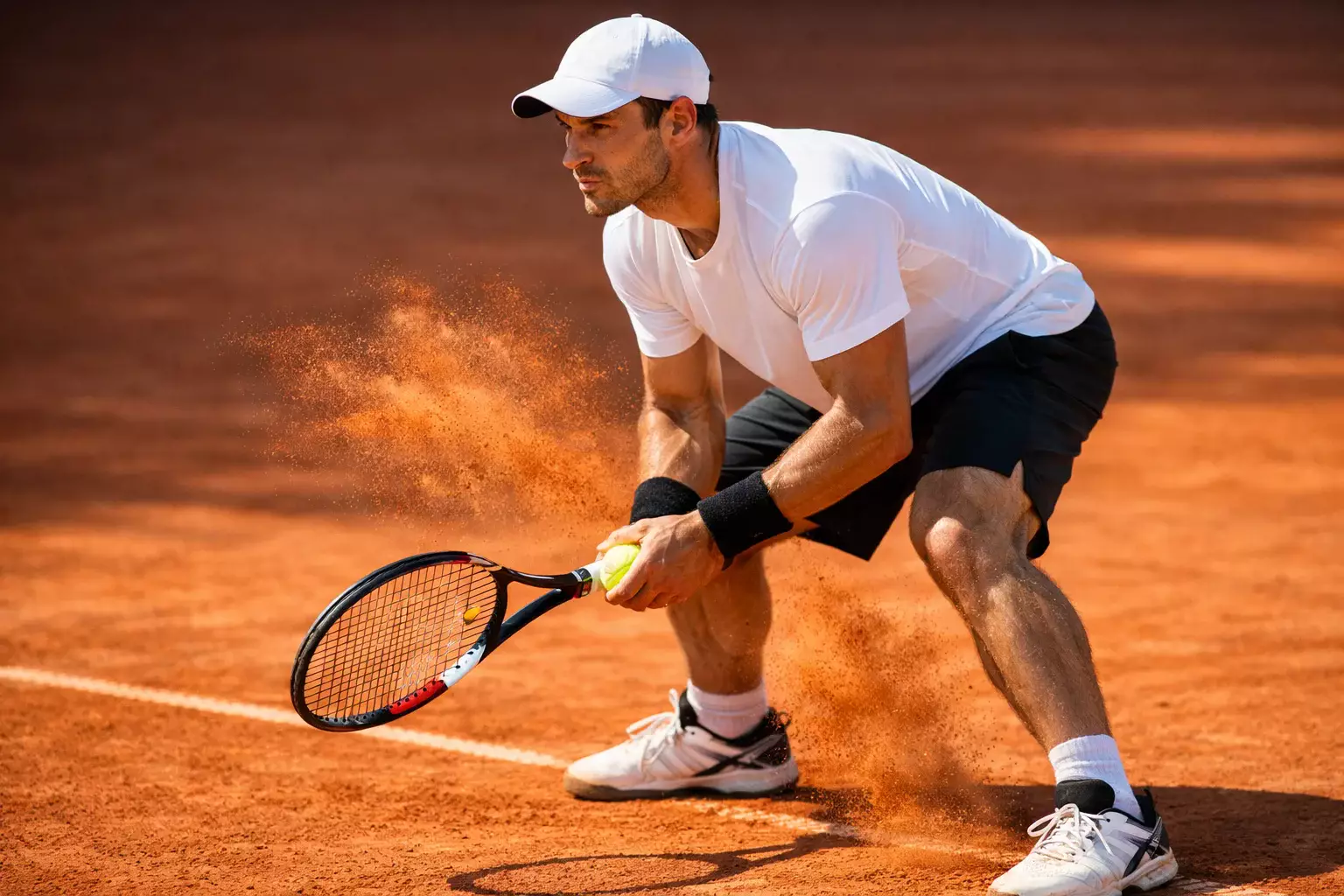 Tenista concentrado antes de servir en pista de tierra batida