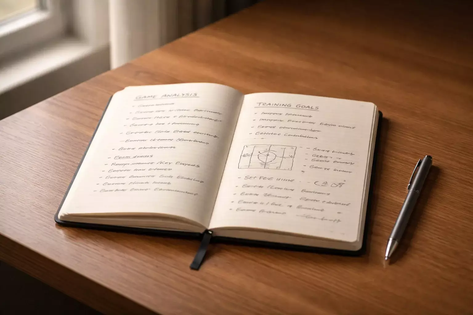 Cuaderno con notas de análisis y bolígrafo sobre mesa de trabajo