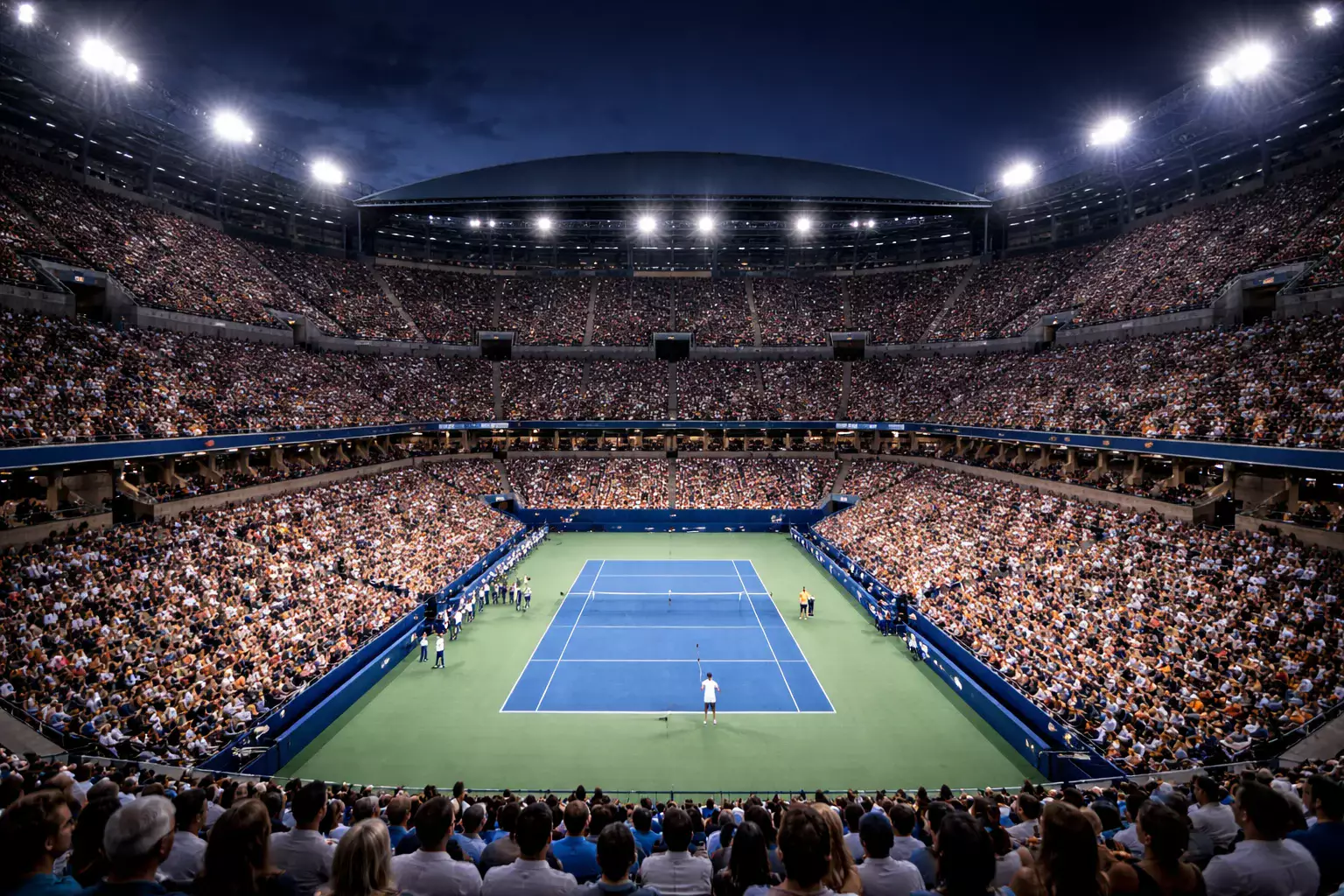 Vista panorámica de estadio de Grand Slam lleno de espectadores durante un partido nocturno