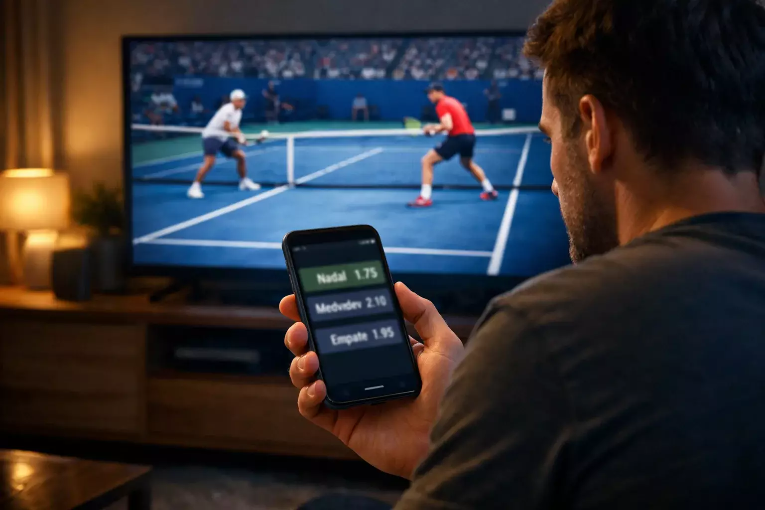 Aficionado siguiendo un partido de tenis en directo en smartphone mientras ve la televisión