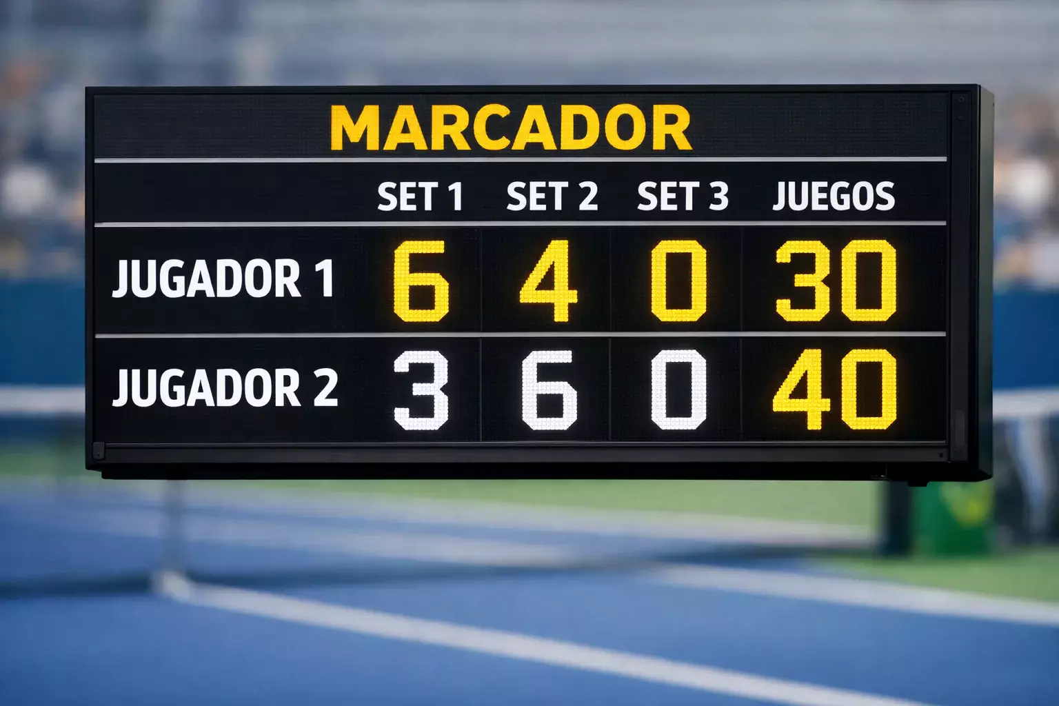 Marcador de tenis mostrando resultado por sets y juegos