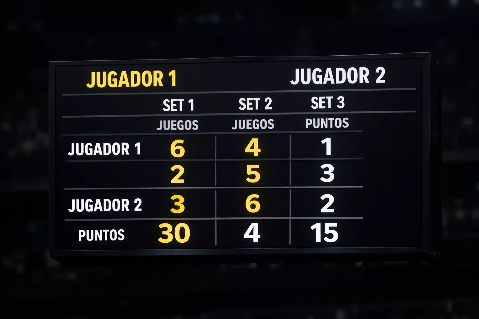 Marcador digital mostrando puntuación de partido de tenis