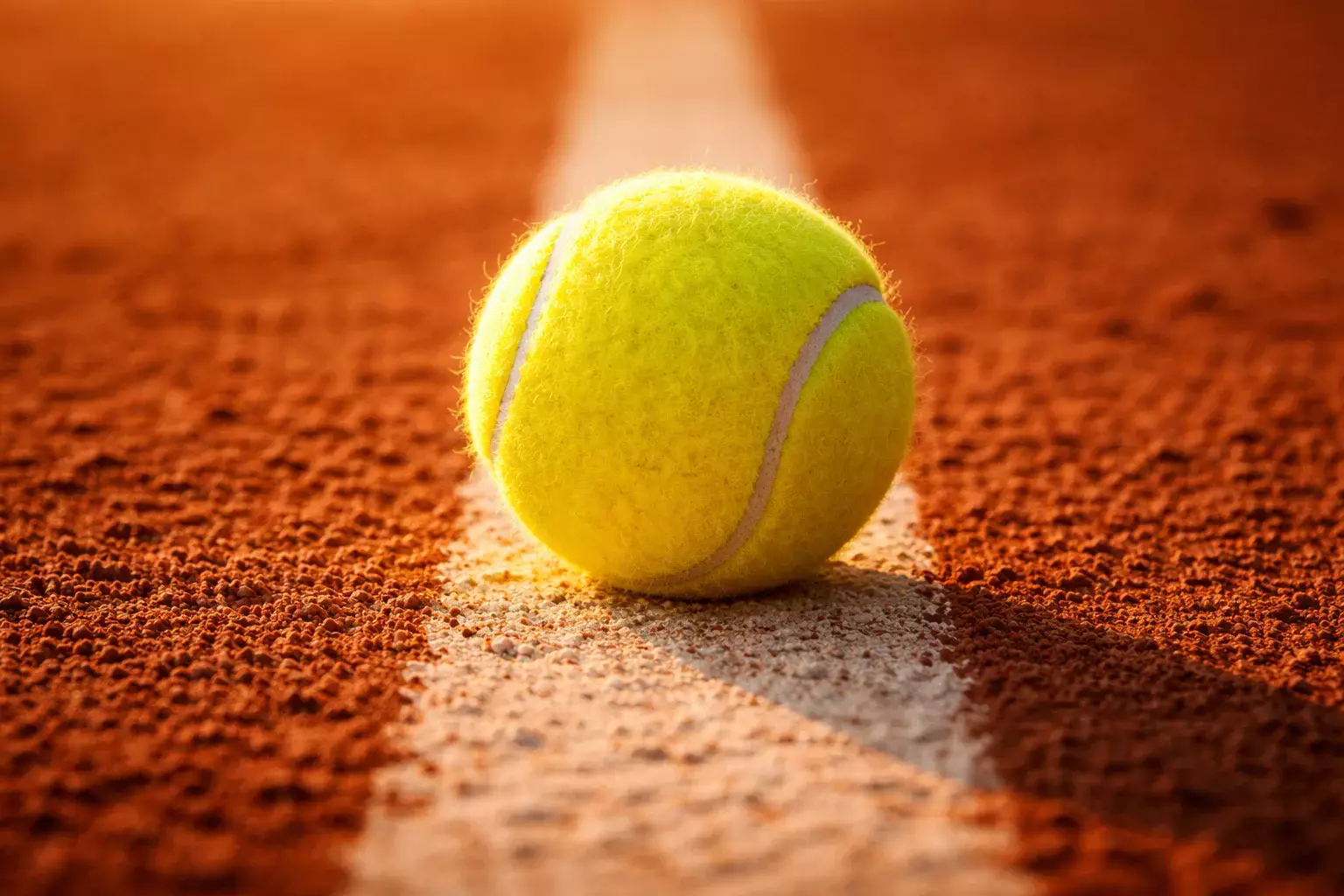 Pelota de tenis sobre línea blanca de pista de tierra batida