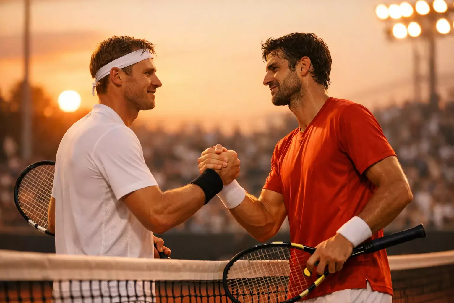 Jugadores de tenis saludándose en la red tras finalizar partido