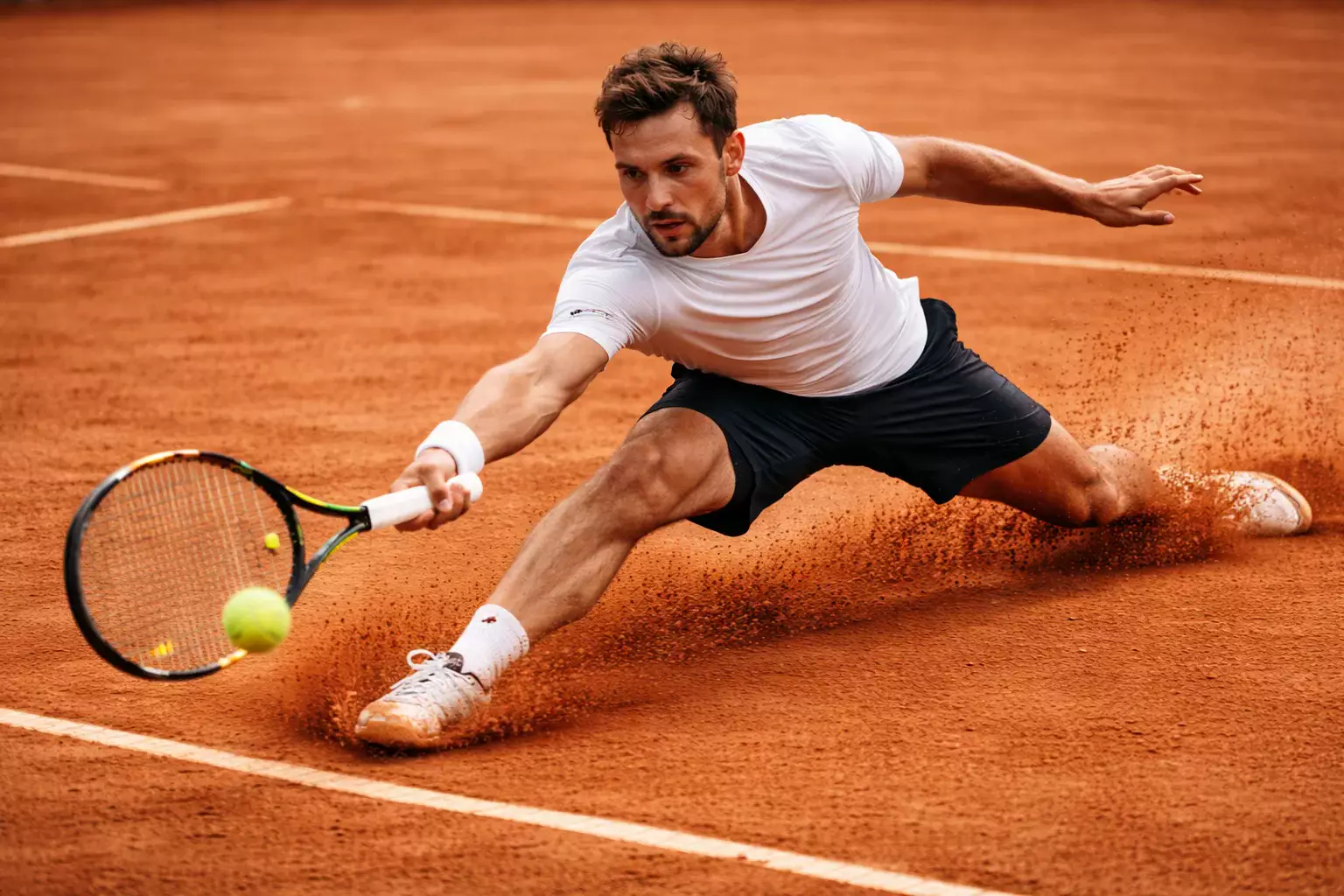 Tenista deslizándose sobre tierra batida para alcanzar la pelota
