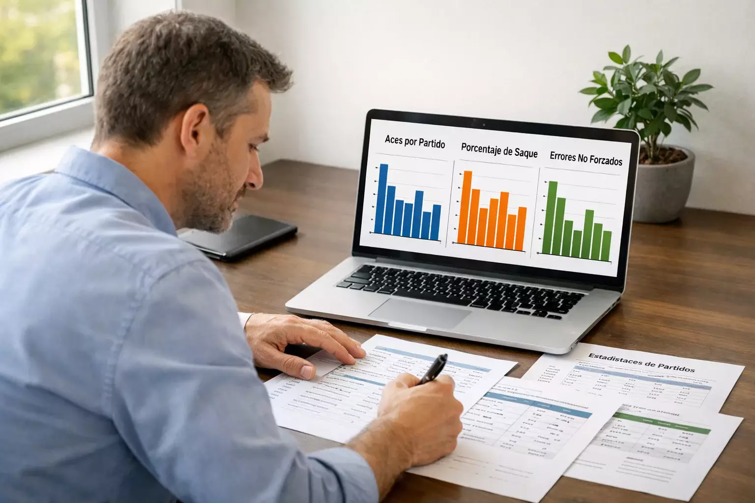 Analista deportivo estudiando estadísticas de tenis con documentos y portátil