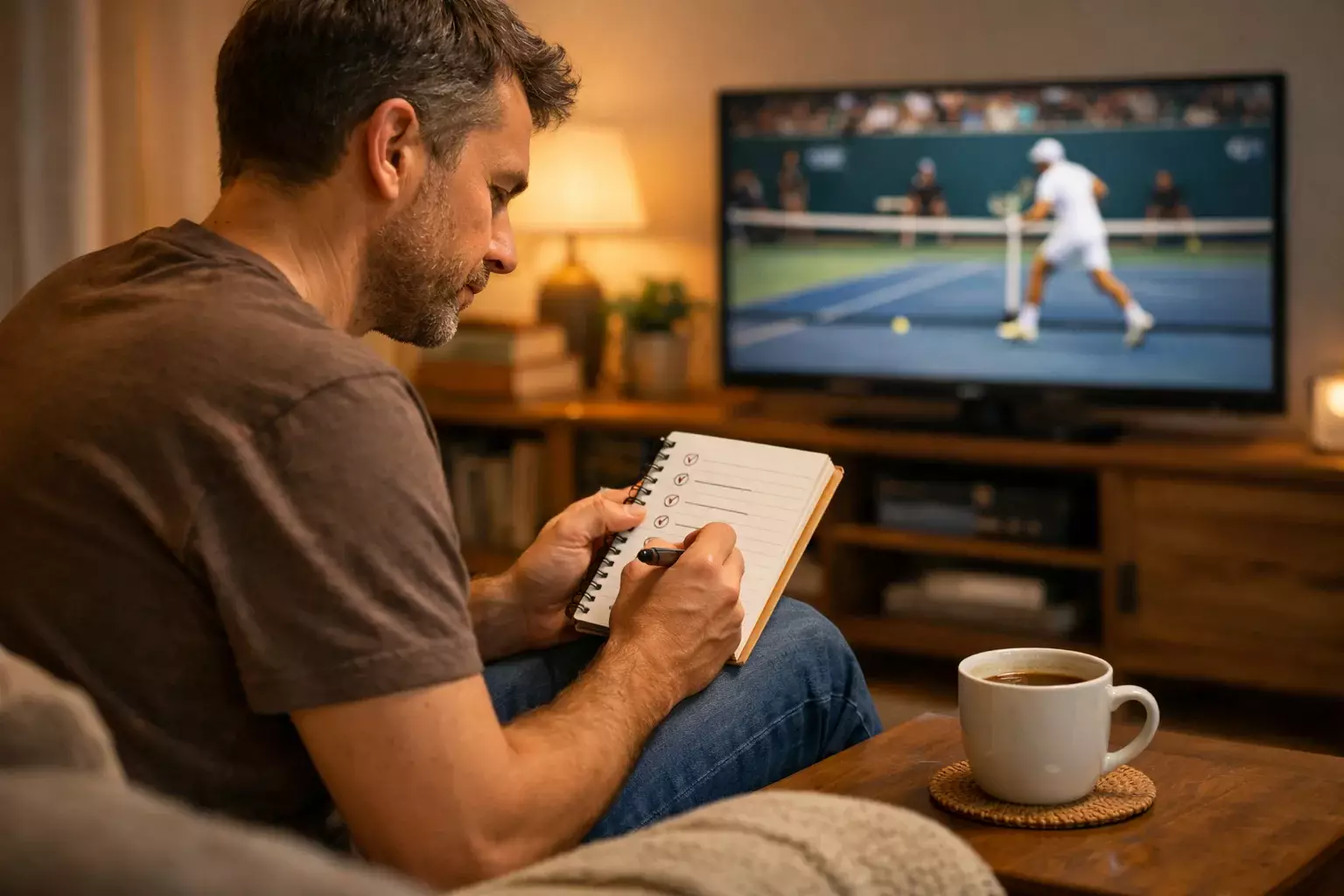 Persona planificando estrategia de apuestas con bloc de notas y pantalla mostrando partido