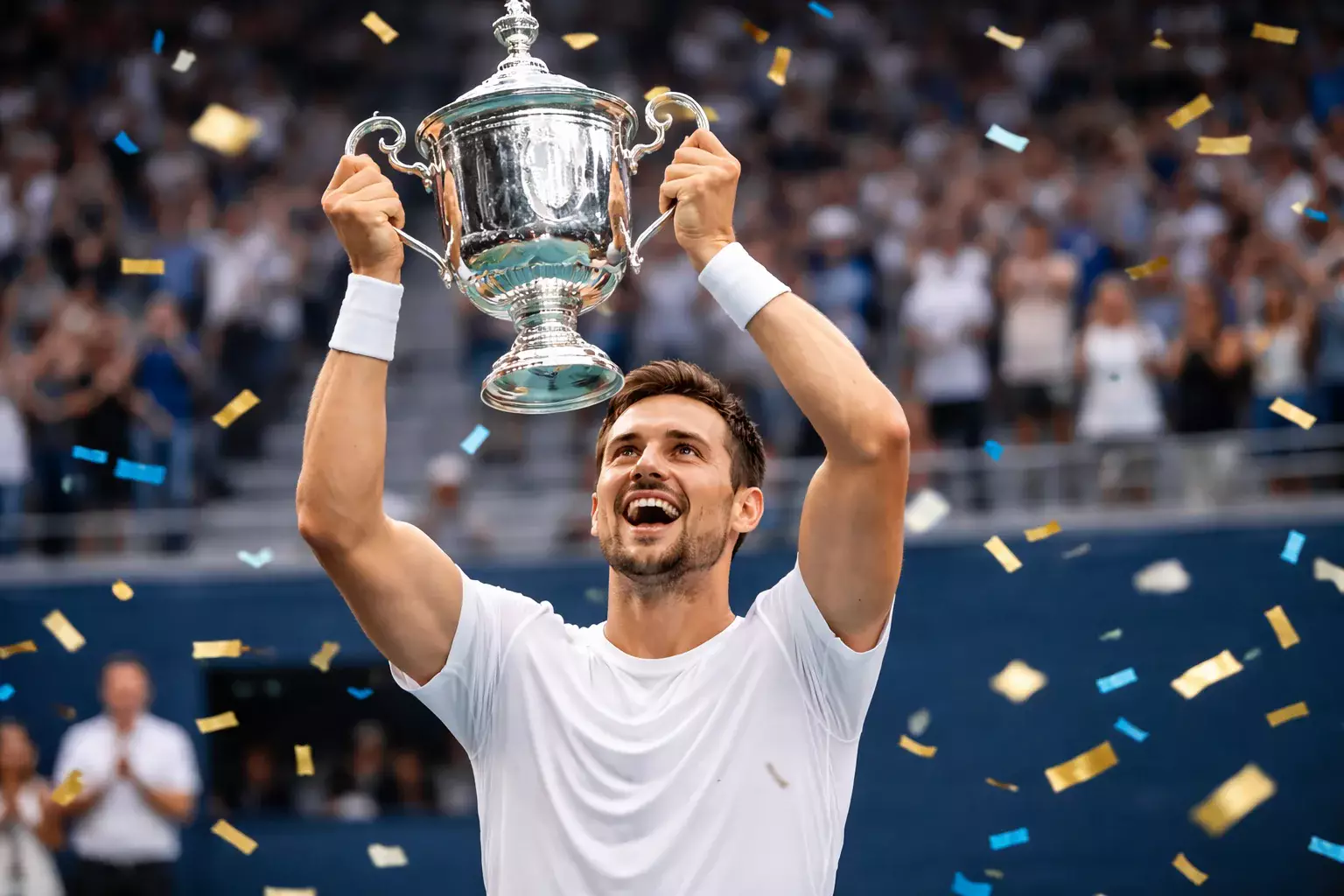 Tenista levantando trofeo tras ganar campeonato importante